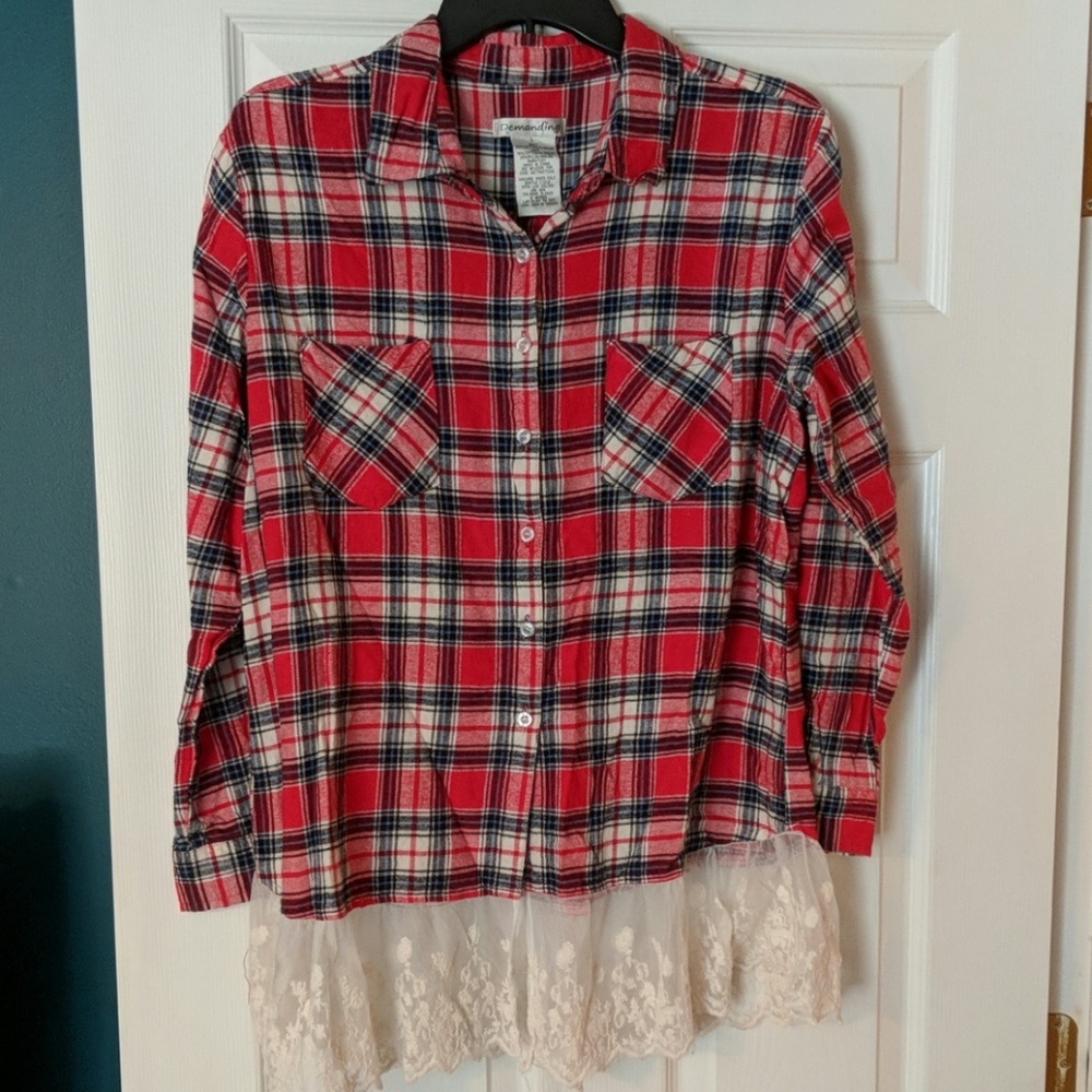 *3 for $20* Red Flannel Button Down with Lace Hem